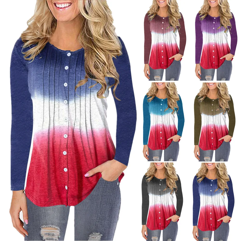 Женские повседневные футболки с длинным рукавом градиентная цветная футболка