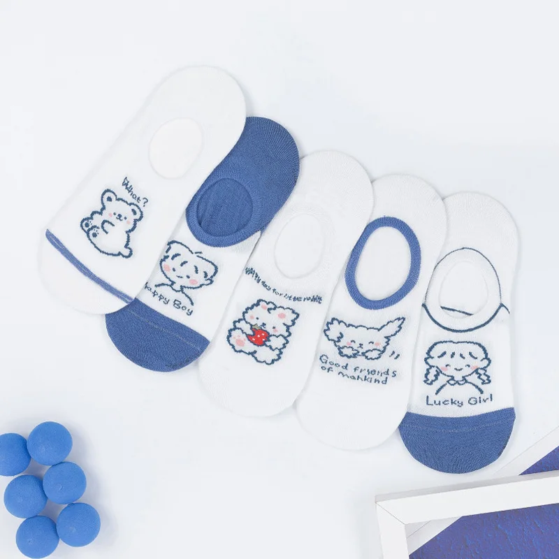 

1Pair Women's Short Socks Spring Summer Blue Cartoons Bear Girls Thin Women's Boat Socks Plaid Socks Low Tube Socks