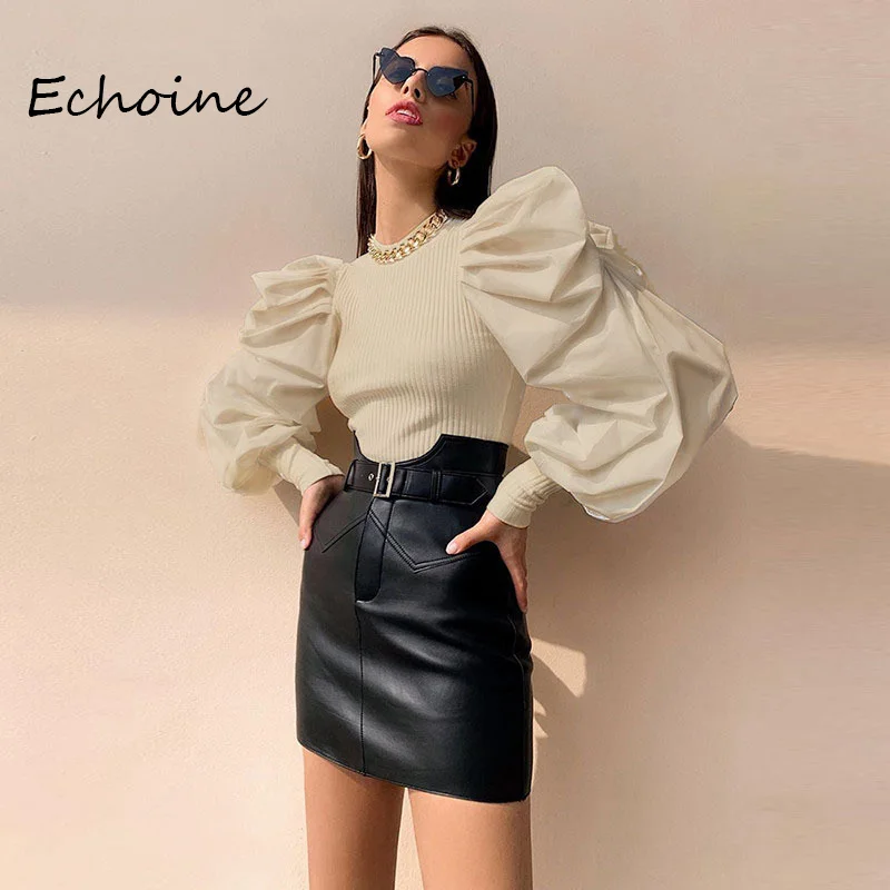 Весна 2020 женская рубашка топ с большим рукавом фонариком тонкий вязаный