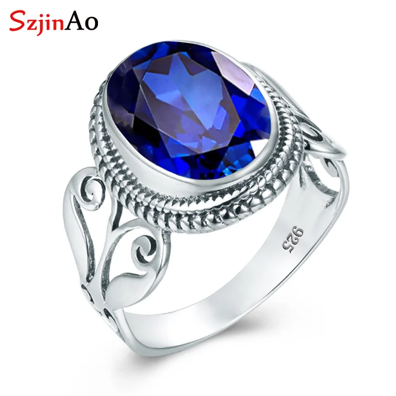

Szjinao Sterling Silver Gem Rings Sapphire S925 Genuine Gemstone Jewelry Brand Oval Vintage Sapphire Rings For Women Bijoux