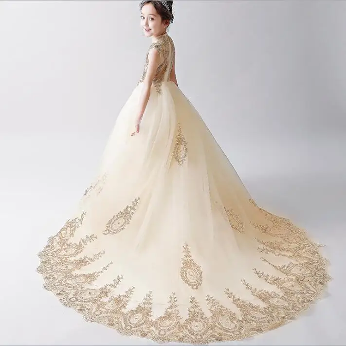 Пышное Платье для девочек в цветочек платья свадьбы и праздника Золото