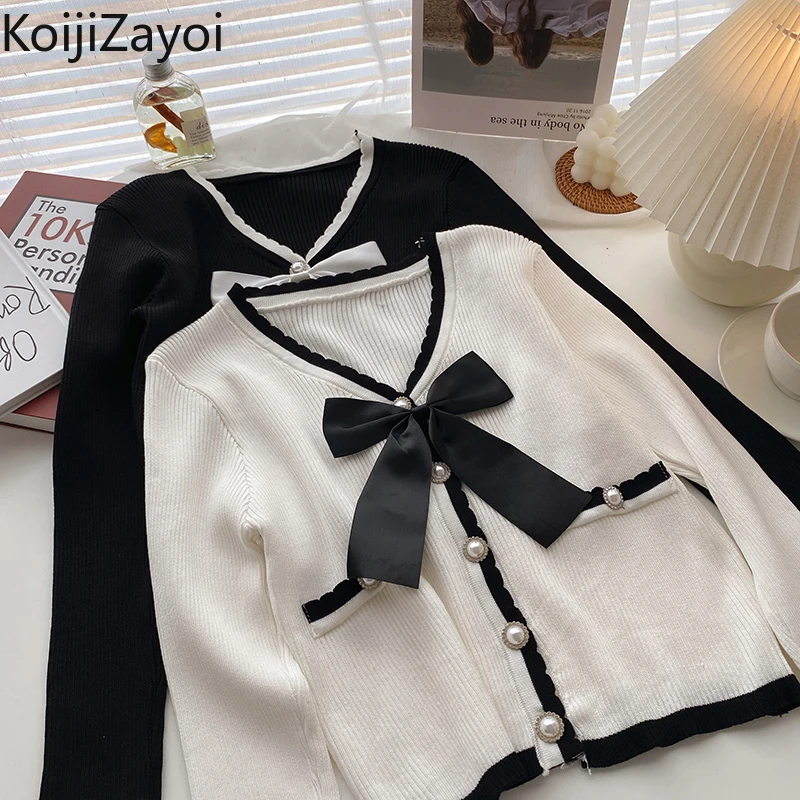 

Koijizayoi Women Knitwear Cardigan Long Sleeves V Neck Single Breasted Chic Kardigan Autumn Winter Bow Sweater Cardigans Solid