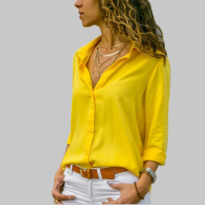 Yellow Long Sleeve Shirt Basic Selling Button Solid Spring Summer Female Chiffon Woman Slim Clothing Blouse Women Plus Size Top