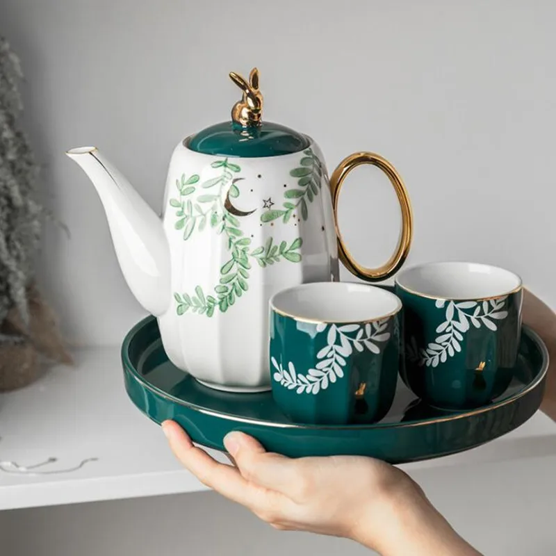 Nordic Gilt Edge Ceramic Drinking Ware Kettle Tea Set Teapot Cup Household Living Room Teaware With Porcelain Tray | Дом и сад