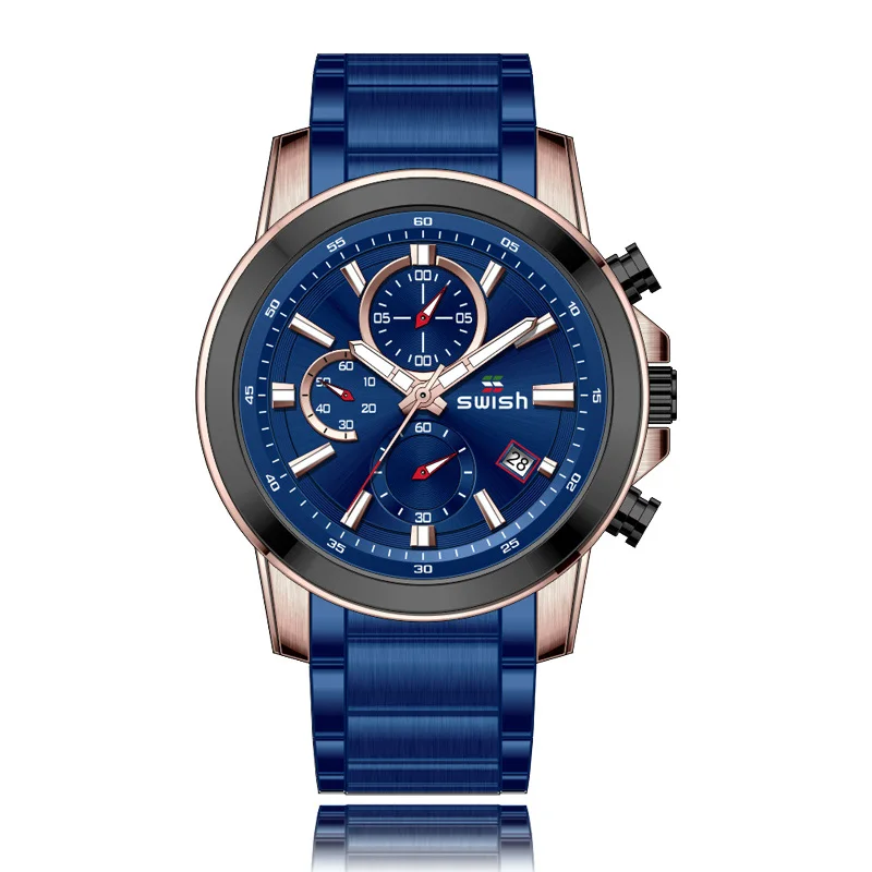 Синий SWISH продукт мужские модные часы мужские спортивные водонепроницаемые черные полностью Стальные кварцевые часы мужские часы Relogio Masculino - Цвет: Синий