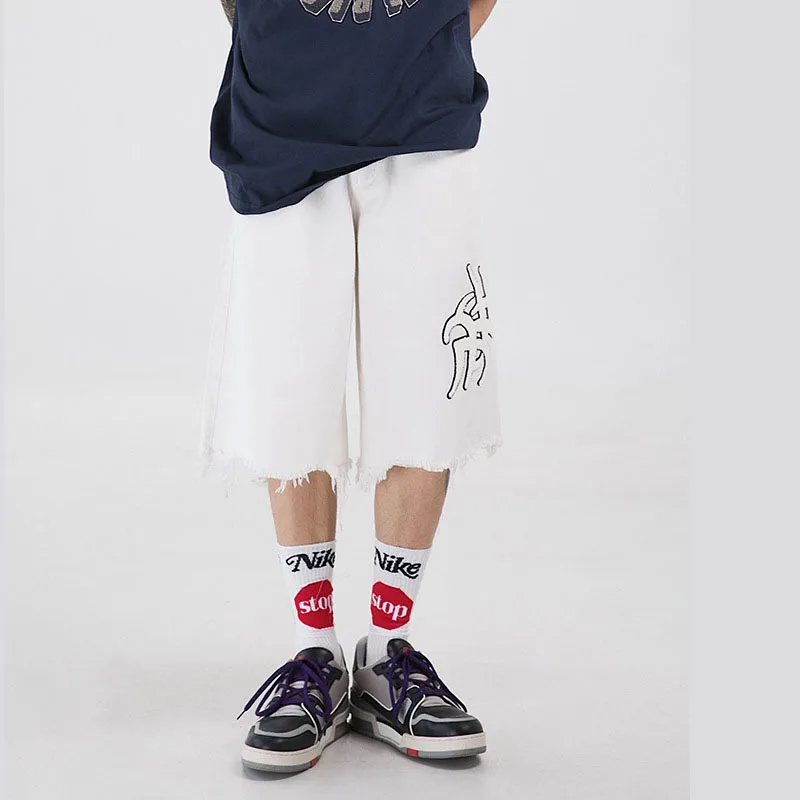 

Men High Streetwear Short Jeans Shorts Male Streetwear Hip Hop Broken Hem Loose Casual Denim Shorts Knee Length Zipper Fly Solid