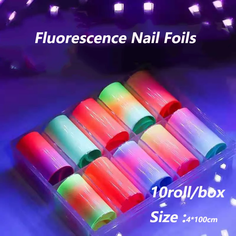 

10Rolls/Box Summer Fluorescent Nail Art Foil Transfer Stickers Neon Colorful Nail Art Decals DIY Manicures Decoration Foils