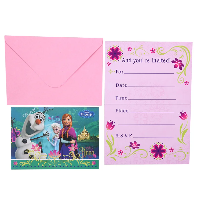 8pcs Invitaitn Card Новые предметы для вечеринки принцессы Эльзы и Анны, тарелки, чашки с воздушными шариками для девочек, друзей, дня рождения, семейные вечерние декорации, одноразовая посуда - Color: 8pcs Invitaitn Card