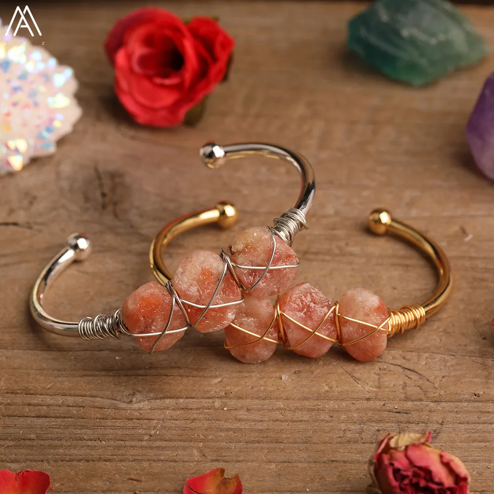 

Beautiful Stone Beads Wire Wrapped Bracelets Women Natural Gold Sun Stone Oval Beads Open Cuff Bangles Bracelets Jewelry Gift