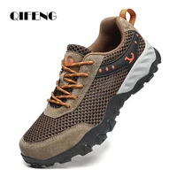 summer soft genuine leather outdoor shoes casual mesh sneakers men lace up trekking hiking footwear camping spring black shoes