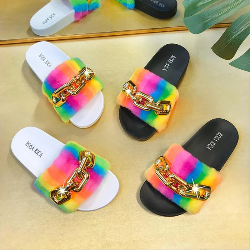 

Women Summer Faux Fur Slides Bling Chain Flat Slippers Outdoor Leisure Fashion Slides Beach Flip Flops Designer Shoes Wholesale