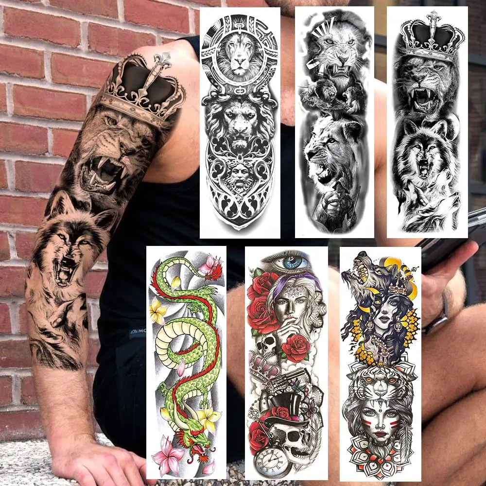 

Реалистичные большие временные татуировки, наклейка, поддельные полные руки, король льва, Черный волк, тотем, глаза, дракон, тату для женщин ...