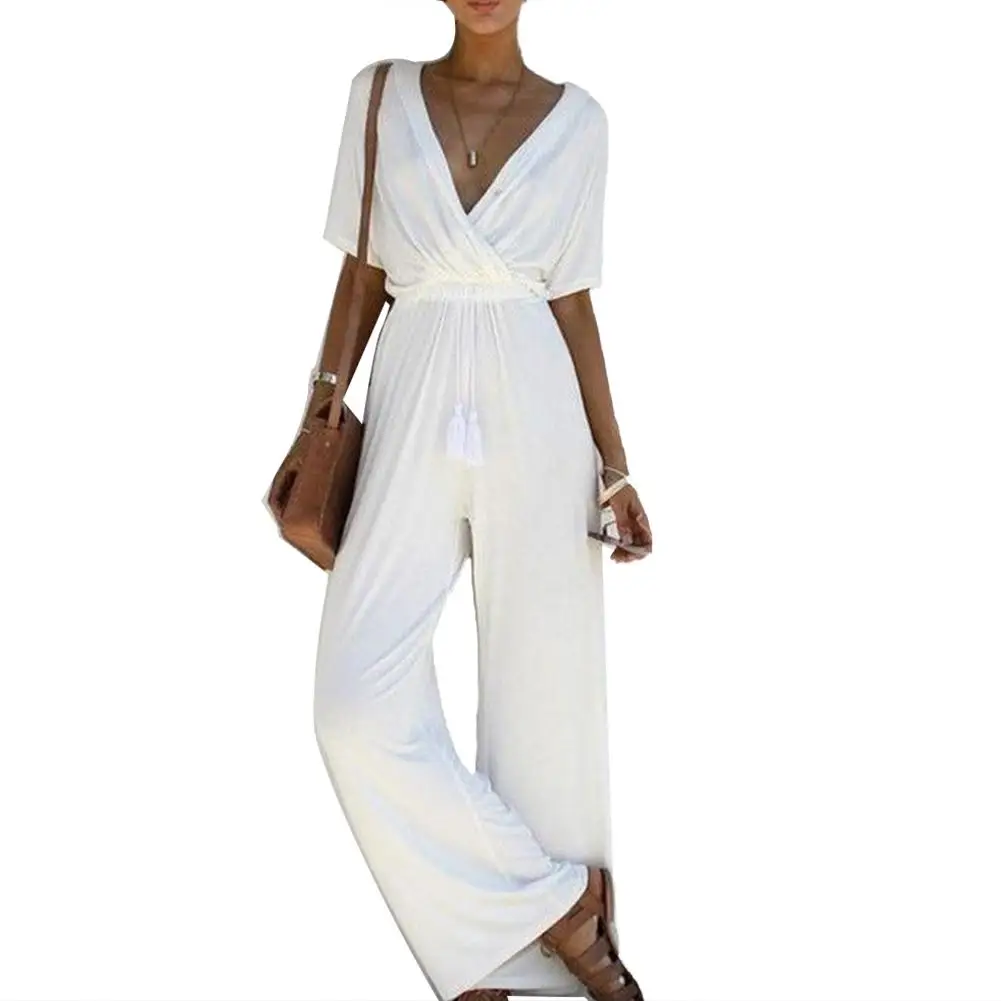 

Solid Color Lady Deep V Neck Short Sleeve Tassel Elastic Waist Wide Leg Jumpsuit Suitable for work holiday or just daily wear