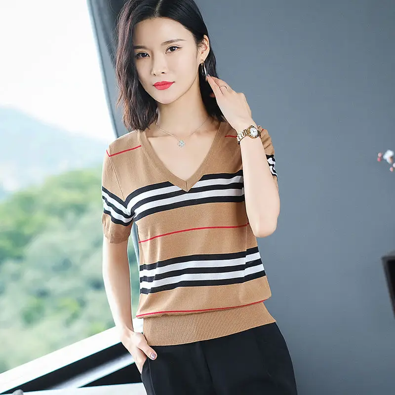 

Summer New Thin Ice Silk V-Neck Ladies Knitted Shirt Short Sleeve Striped T-shirt