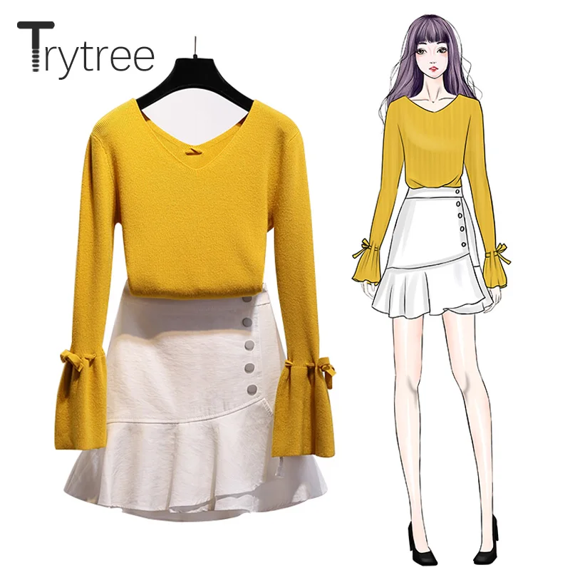 Trytree осень зима из двух частей комплект Повседневное с v образным вырезом и