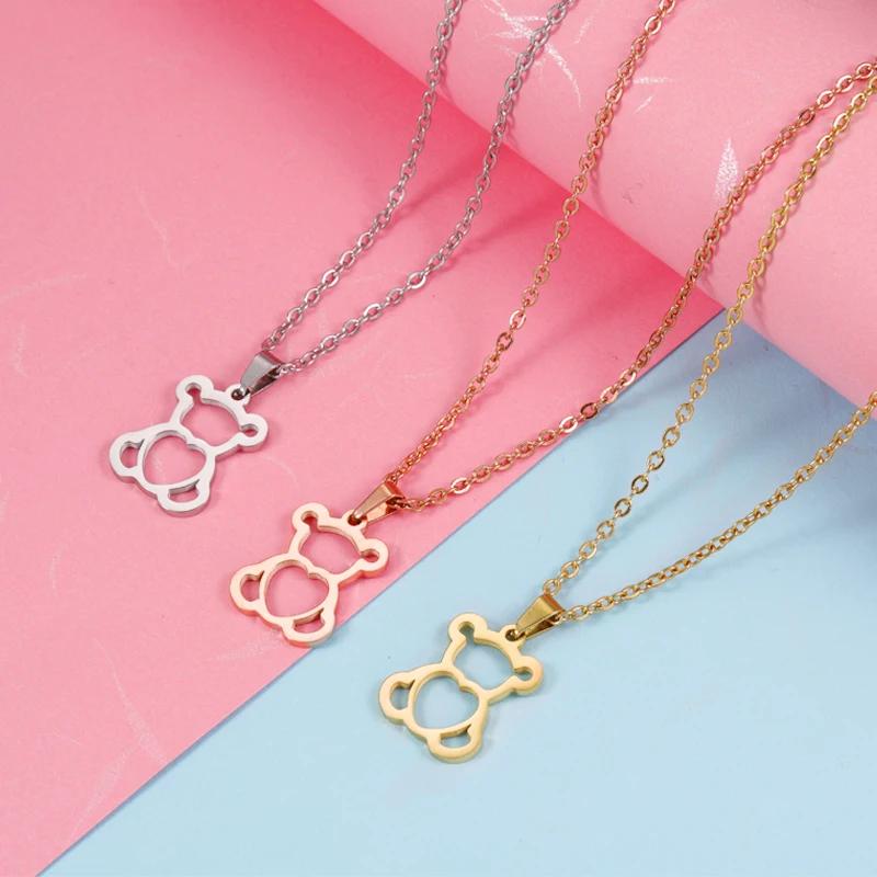 

20Pcs Hollow Heart Bear Pendant Necklaces Stainless Steel Cable Chain Necklaces For Womens Mens Kids Christmas New Year Gifts