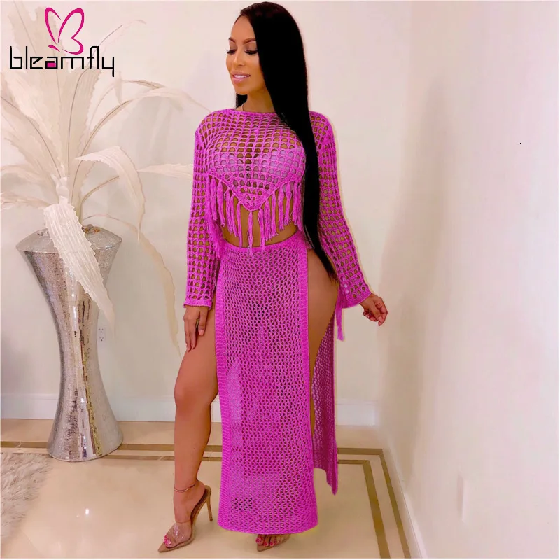 Женский летний вязаный крючком свитер с длинным рукавом топ высоким разрезом