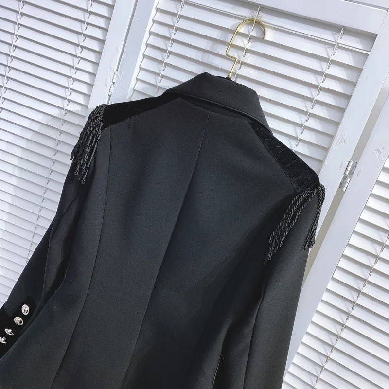 

2021 Spring Retro Tassels Shoulder Black Jacket Coat Streetwear Double Breasted Velour Coat Women Clothes