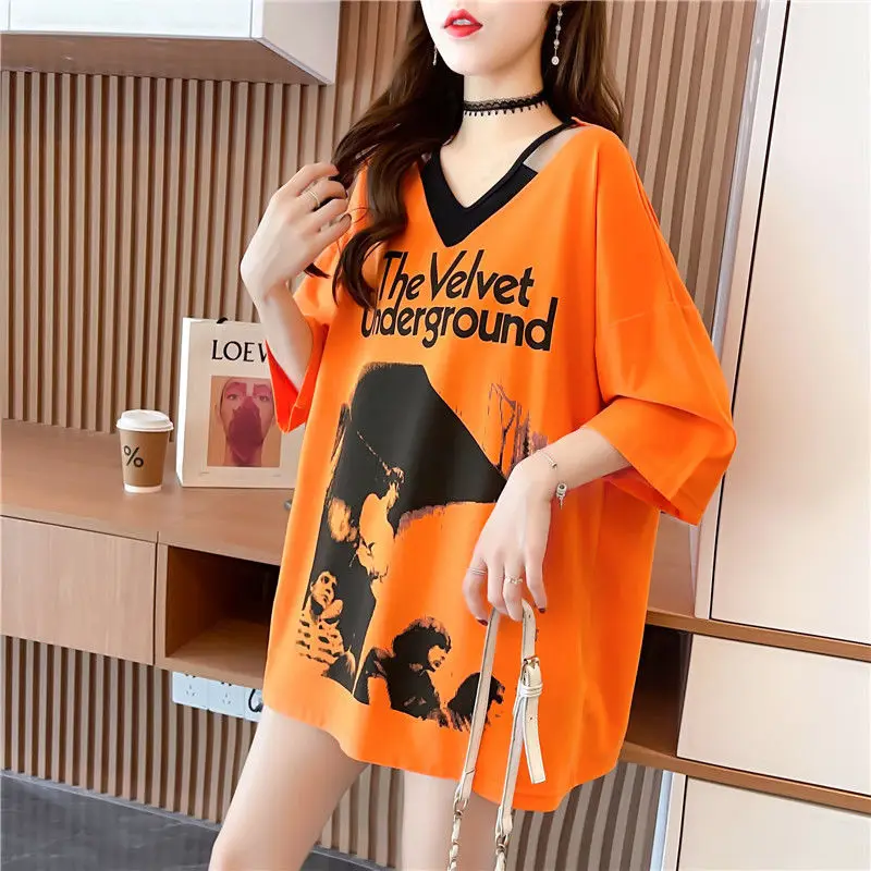 

2021 Summer New V-neck Contrast Color Half Sleeve T-shirt Women's Loose Large Size Chubby Girl Super Hot Pink Upper Part Clothes