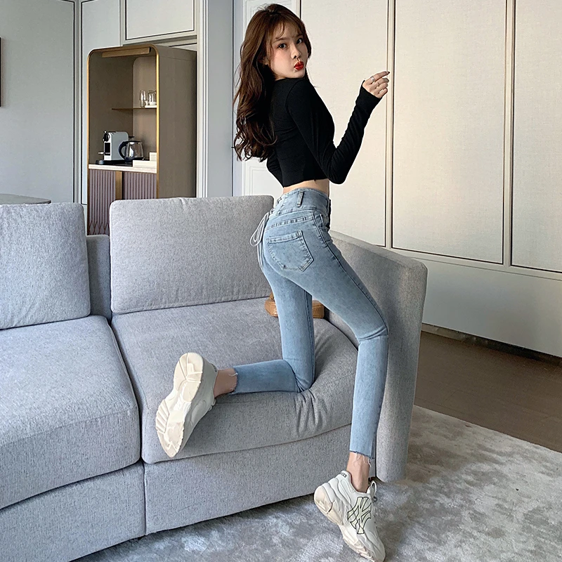 

Korean Autumn Spring Jeans Womens High Waist Elastic Skinny Denim Long Pencil Pants Back Cross Woman Jeans Feminina Trousers