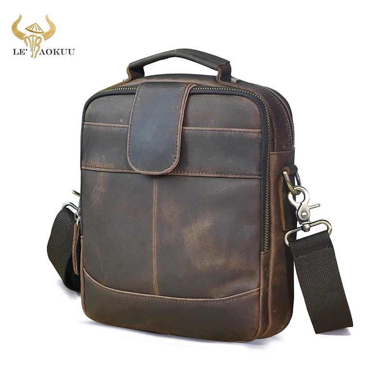 Crazy Horse Leather Male Antique Casual Design School Messenger Crossbody bag College Tote Satchel Tablet Book bag For Men 111-2