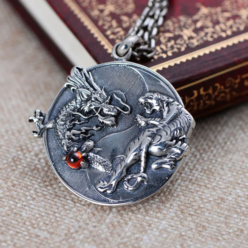 S925 Silver Handmade Dragon Tiger Pendant Necklace 925 Sterling Fengshui Taichi Yinyang Pendant Necklace Good Luck Amulet