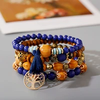 boho charm wood beaded bracelet set for women ethnic gold color tree tassel pendant bracelets bangles vintage jewelry femme