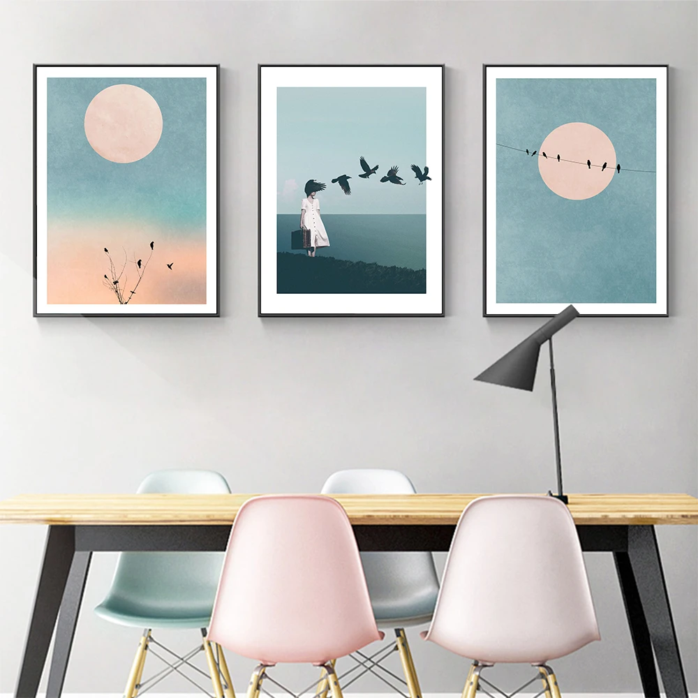 

Minimalist Nordic Posters Wall Art Canvas Painting Nursery Style Color Surreal Woman With Bird Picture For Kids Rooms Unframed