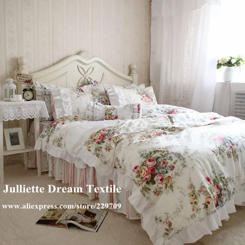 

Super Sale pastorale ruffle lace bedding set elegant princess luxury bedding duvet cover flower bedspread Queen bedsheet bed set