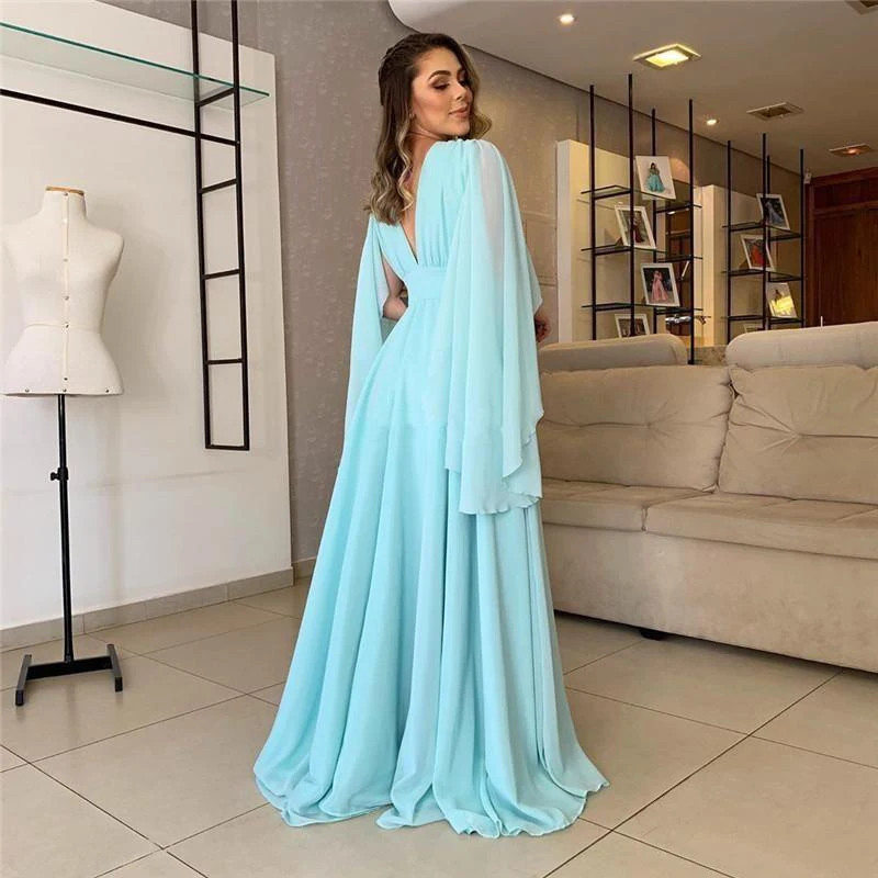 

Elegant Sexy Flutter Sleeves A Line Evening Dresses Deep V Neck Long Sleeves Chiffon Pleats Formal Dress Evening Party Gowns