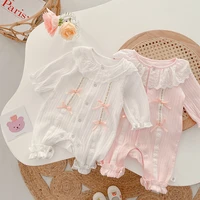 gilr rompers baby bodysuit bow lacework cotton infant long sleeve jumpsuit spring korean newborn clothes pink white 0 2y