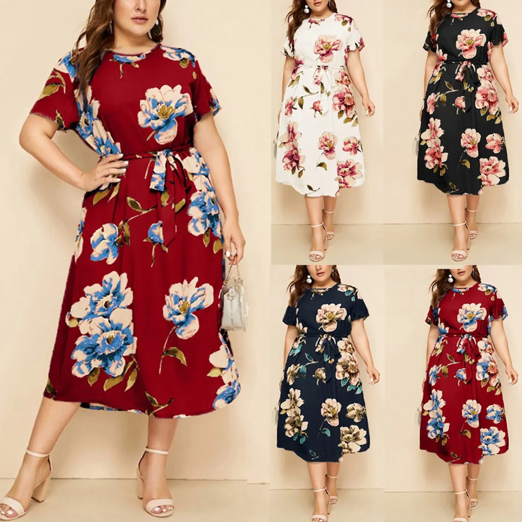 

Women's Casual Plus Size O-Neck Short Sleeve Print Waist Strap Dress vestido de mujer summer dress