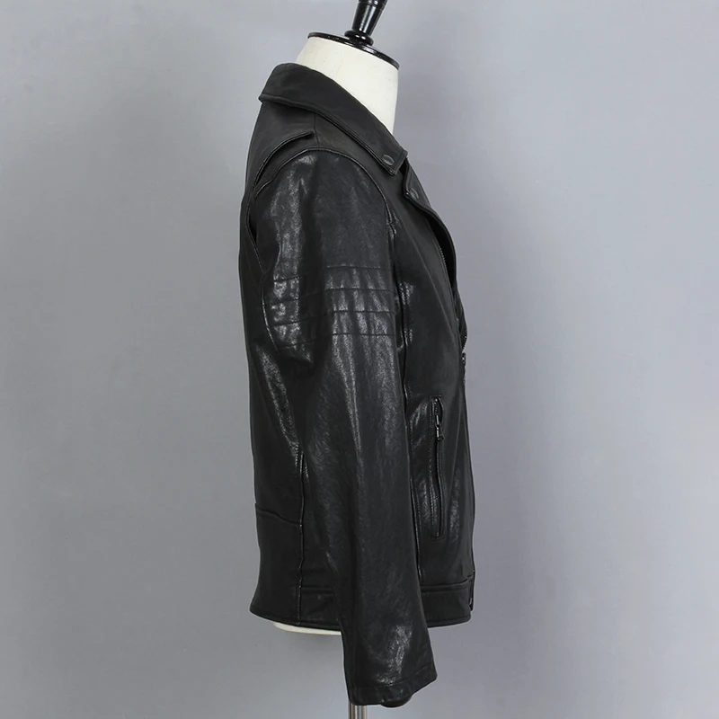

Fit Fashion Slim Genuine Leather Jacket Men Black Sheepskin Lapels Diagonal Zipper Short Real Leather Motorcycle Coat