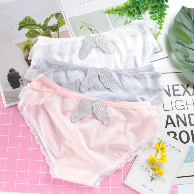 

Japanese Style Women Cotton Cute Lovely Underwear Angel Wings Sexy Lace Ruffle Low Waist Breathable Female Panties Breifs