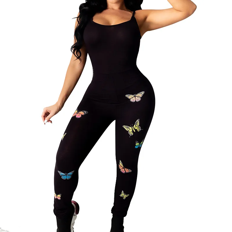 

BAMBOOBOY New Women Fashion Butterfly Print Slim Yoga Gym Sexy Strap Bodycon Fitness Playsuit Black Jumpsuit ZL1614