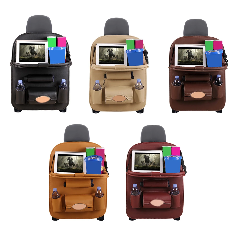 

Car Backseat Organizer Leather 6-Pocket Storage Bag Kick Mat Automobiles Interior Accessory Tidying with Foldable Table