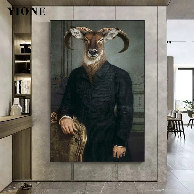 

Vintage Animal Gentleman Wall Art Canvas Paintings Custom Abstract Horse Cattle Deer Sheep Posters and Prints Picture for Room