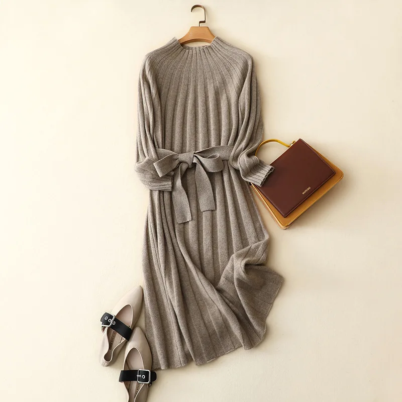 

Casana autumn and winter dress women's loose cashmere sweater half high collar Pullover over knee sweater versatile knitting