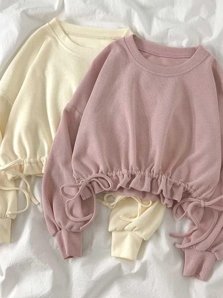 

2021 Autumn and Winter new Sports Shirt Women loose Korean lazy Style Pullover Short Drawstring Design Slim long Sleeve Top