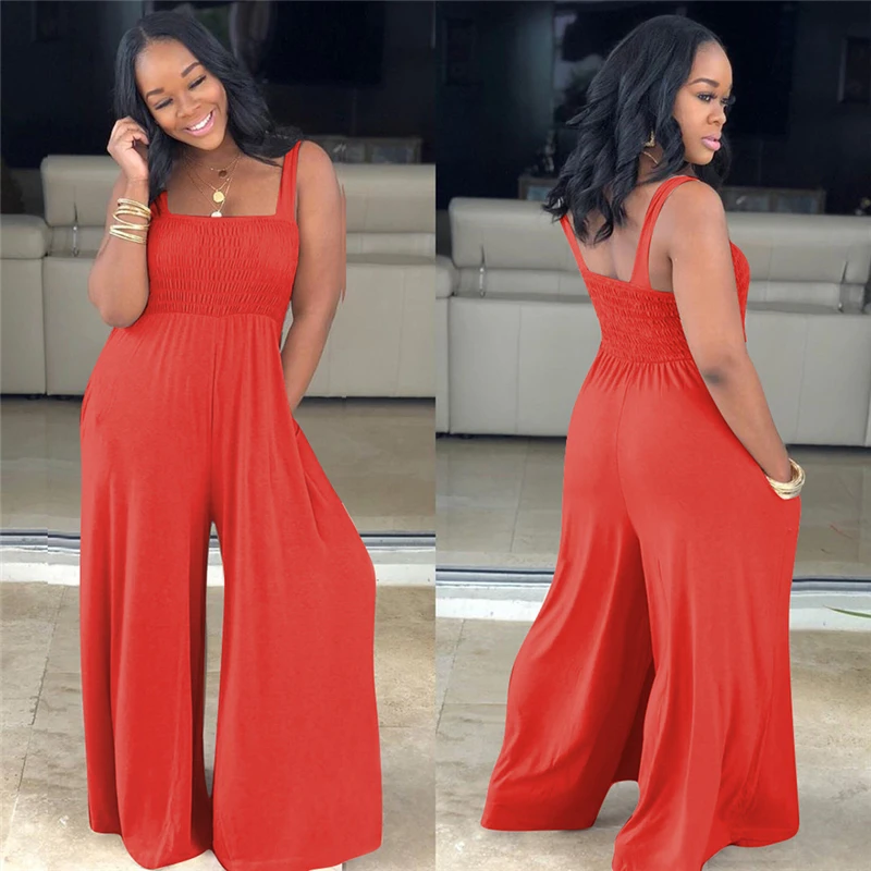 2021 New Style Female Wide Leg Jumpsuit Solid Color Square Neck Sleeveless Summer Loose Long Trousers Plus Size XXL |