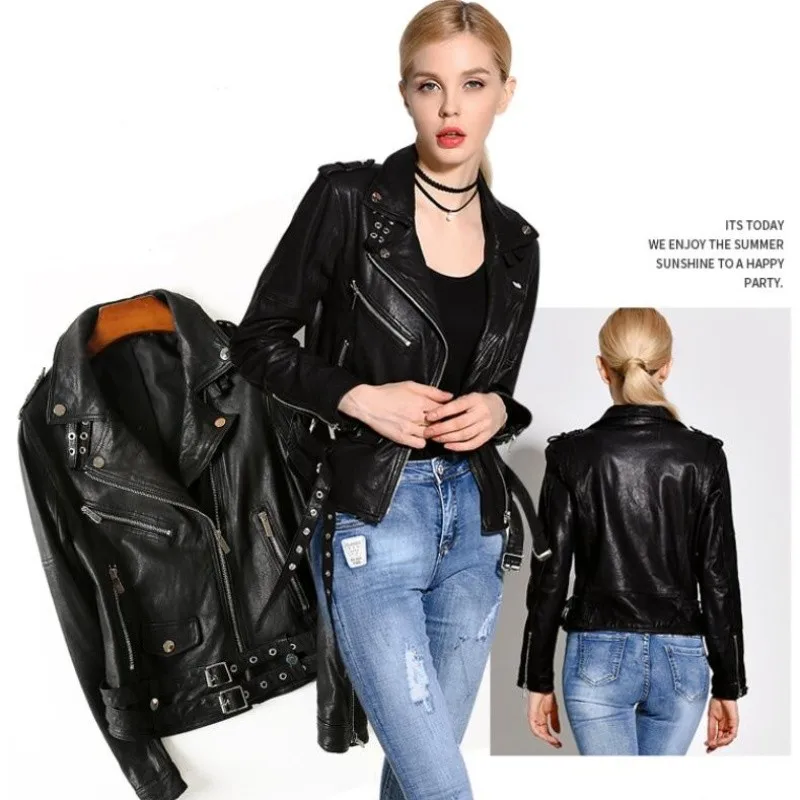 

2022 Lady Autumn Genuine Leather jacket Ladies short slim Round neck Sheepskin clothes plus size women's Motorcycle Fashion Coat