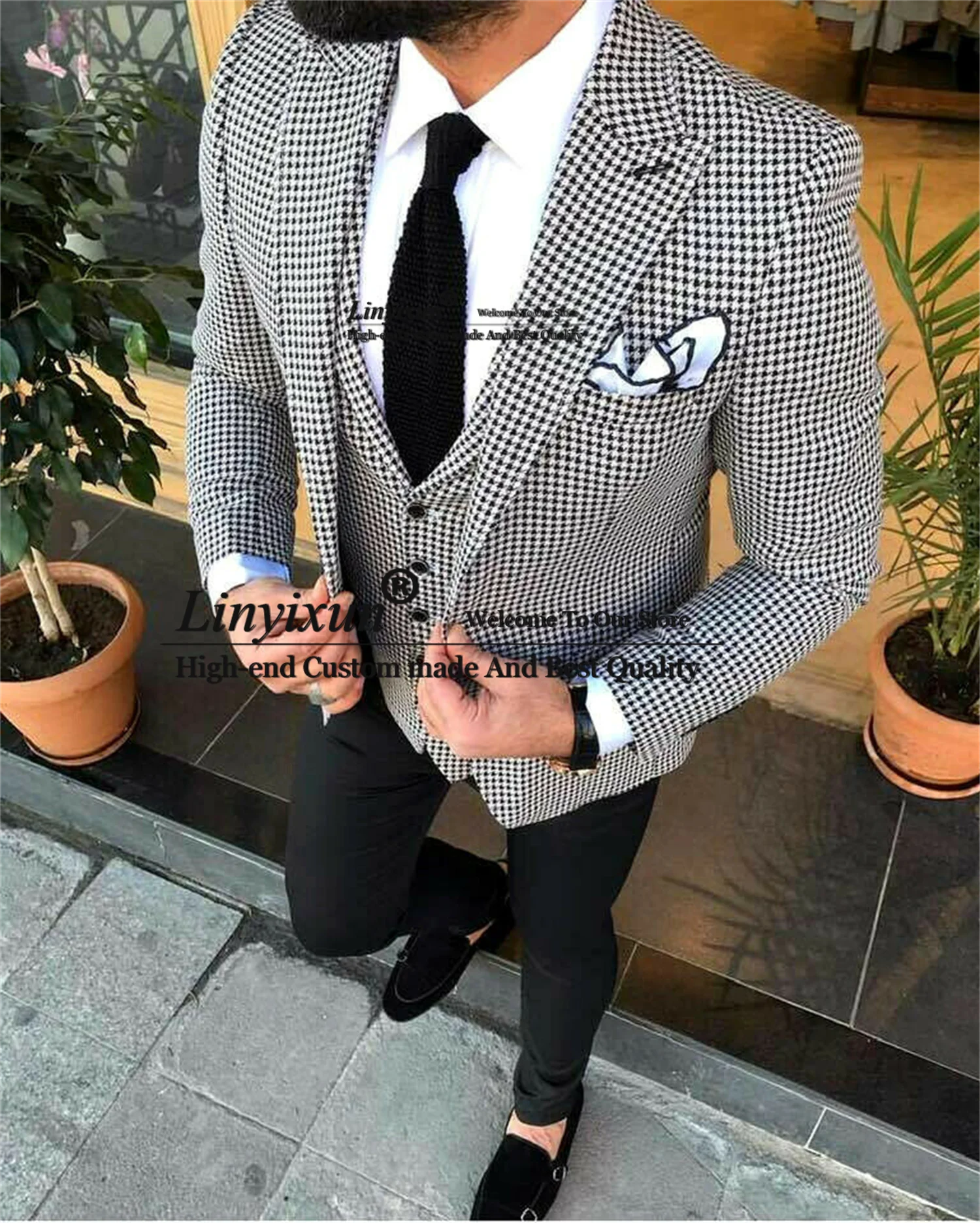 

Модные твидовые клетчатые мужские костюмы с рисунком «гусиные лапки», комплект из 3 предметов, Свадебный мужской блейзер для жениха, мужско...