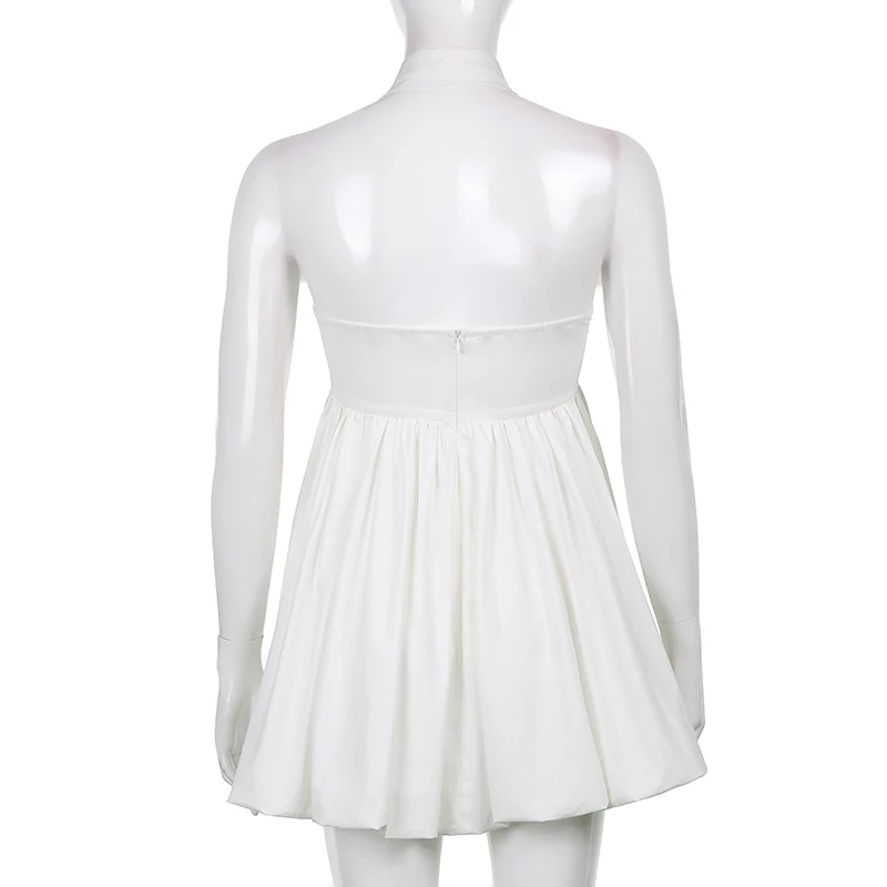 

Rapcopter Buttons Patched Mini Dress Turn Down Collar Backless Dress Summer Halter Dress Vintage Short Dress Women Ball Gown 90s