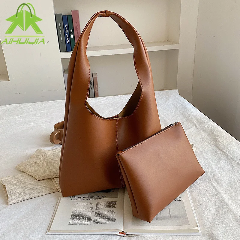 

Роскошные вместительные сумки-тоуты для женщин, модные однотонные простые женские дизайнерские сумки на плечо, 2 шт., 2021