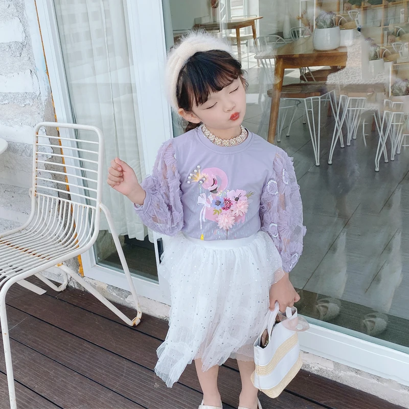 Baby girls 3D Flowers Princess t-shirt 2020 spring autumn new lace print tops shirt children clothes ws1371 | Детская одежда и
