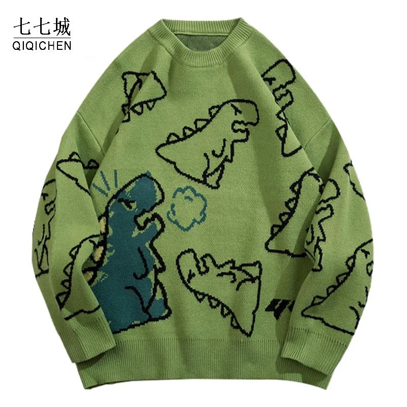 

Mens Knitwear Sweater Cartoon Dinosaur Pullover Japanese Women Jumper Streetwear Hip Hop Casual Oveasized Graffiti Soft Sweaters