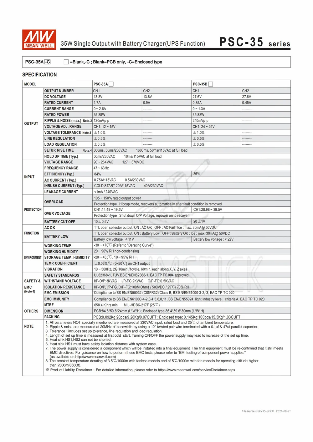Meanwell хорошо PSC-35A-C 13 8 V meanwell PSC-35 35 88 Вт Один выход с зарядным устройством (функция UPS)