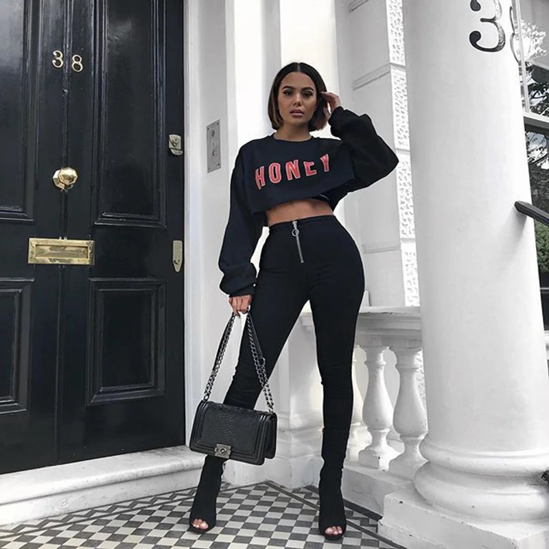 Модный черный укороченный топ с длинным рукавом Женская Сексуальная футболка