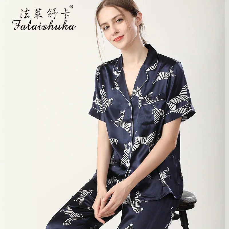 Lady  Short Sleeve  Sleepwear  2021 Summer Women 100% Silk Pajamas SetsSilk Homewears   Home Wears Two Piece Pajamas  Set