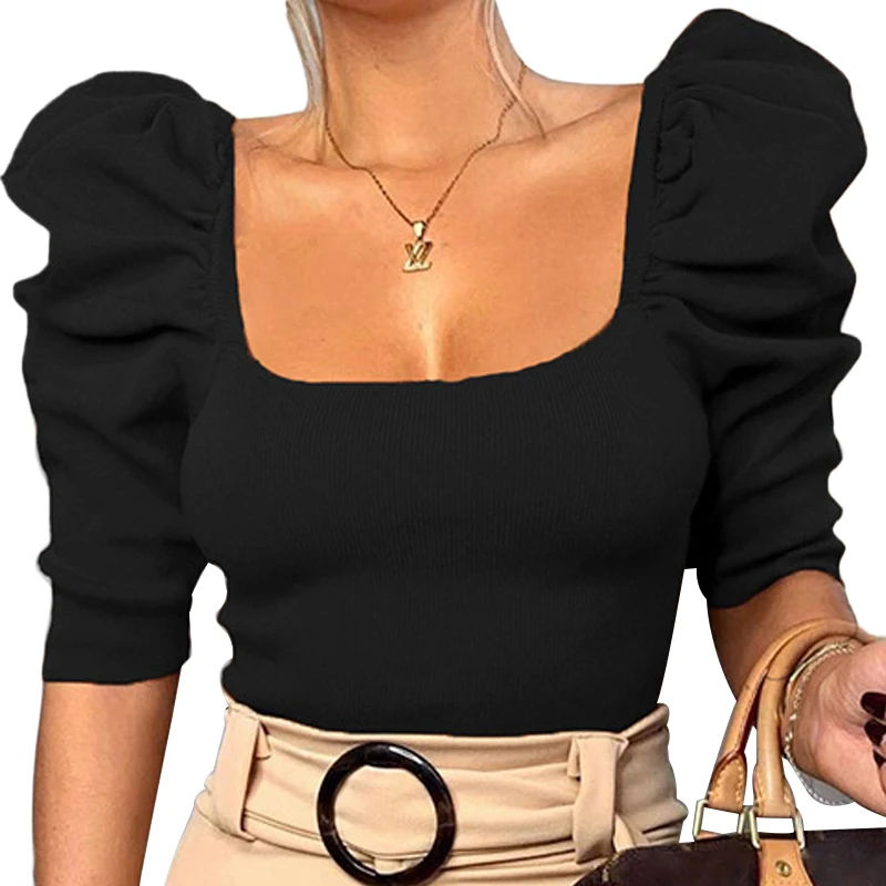 

New Women Puff Ruffle Casual Blouse Female Solid Color Fashionable Spring Shirts Outfits Party Clubwear